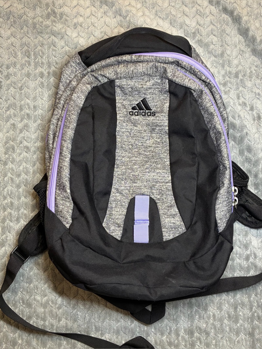 adidas Woman’s Black & Heather Gray Backpack with Lavender Zippers